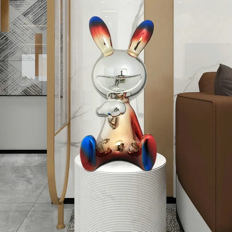 Interstellar rabbit trendy decor ornament, gradient color resin art sculpture for lobby, cartoon rabbit large floor ornament