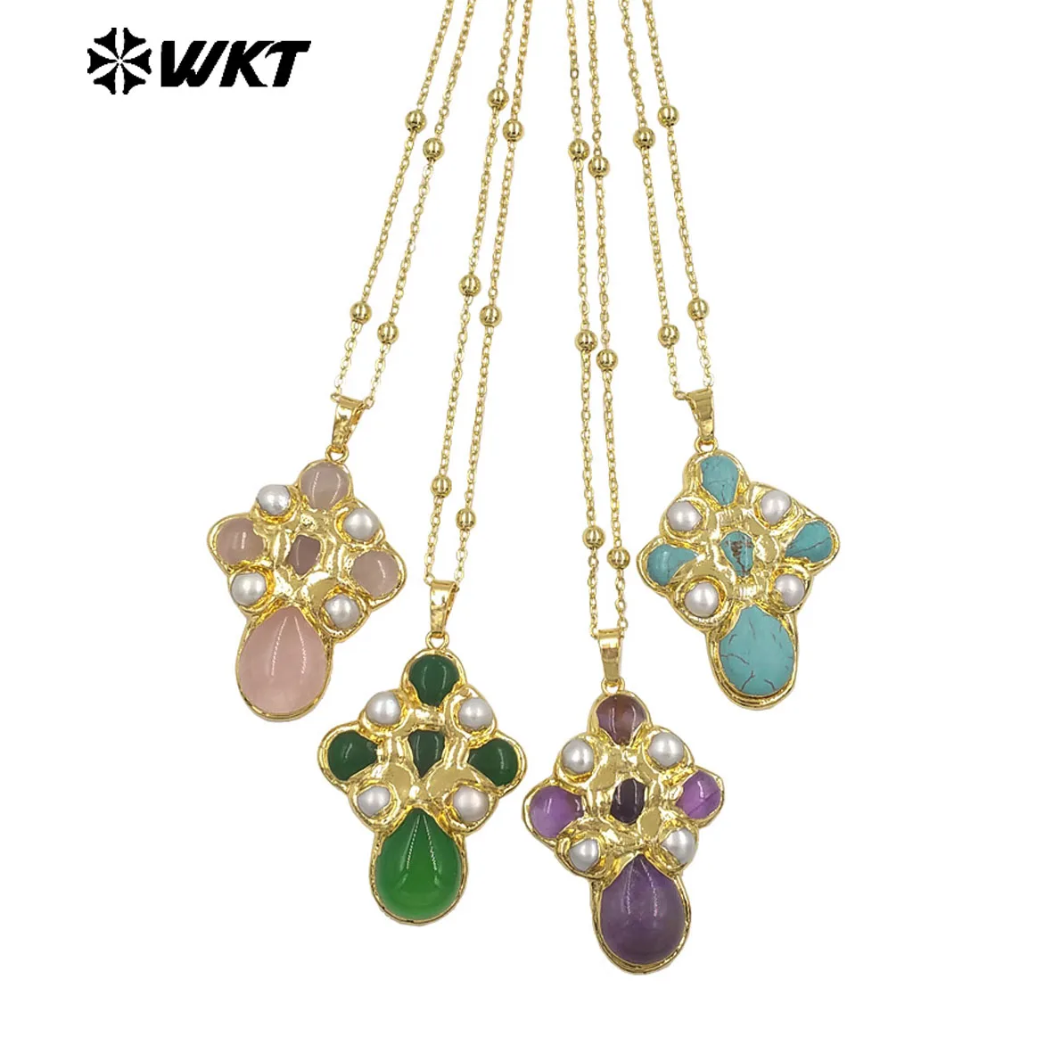 

WT-JN297 New Wholesale Special Design Turquoise Stone And Freshwater Pearl With 18k Gold Plated Pendant Fine Necklace