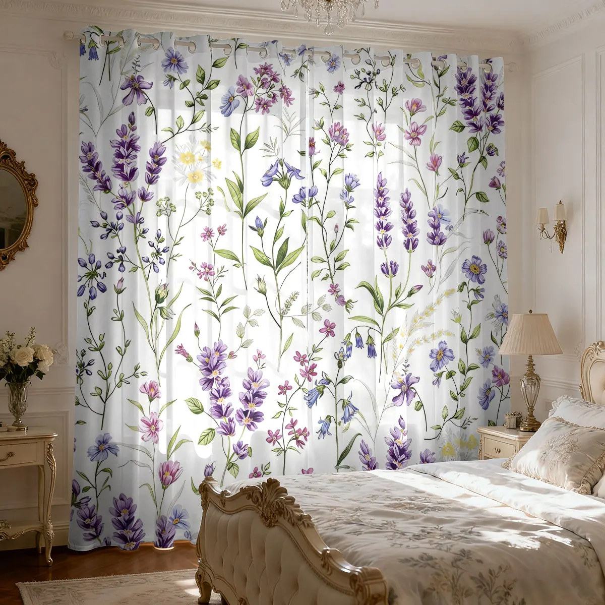 2pcs Purple Lavender Flowers 90g Printed Curtains Multi Size Living Room Bedroom Insulation Fashion Decoration