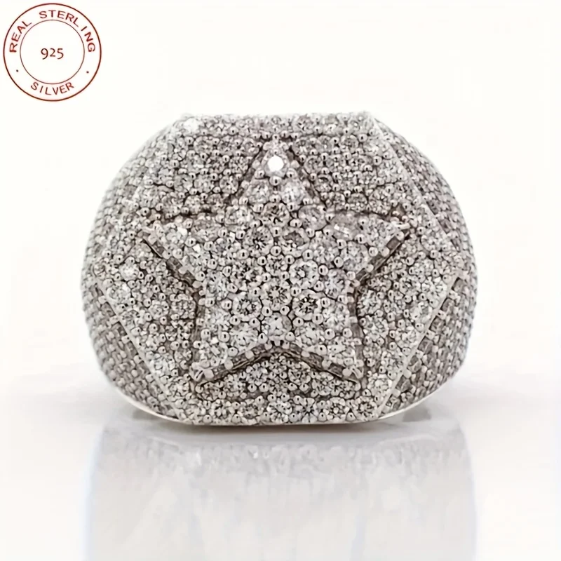 

2025 Новые модные серебряные кольца 925 пробы для мужчин, роскошные белые позолоченные пятизвездочные кольца в стиле хип-хоп, панк, AAAAA, ювелирные изделия с цирконом