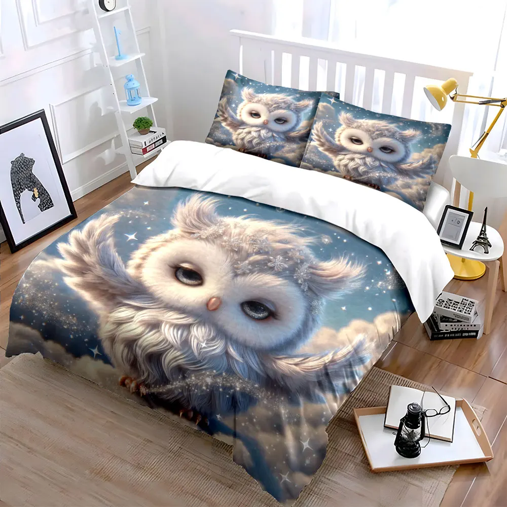 White Owl with Sparkling Sky Print Bedding Set 1 Duvet Cover 2 Pillowcases for Adult and Children Luxury Gift Full Size