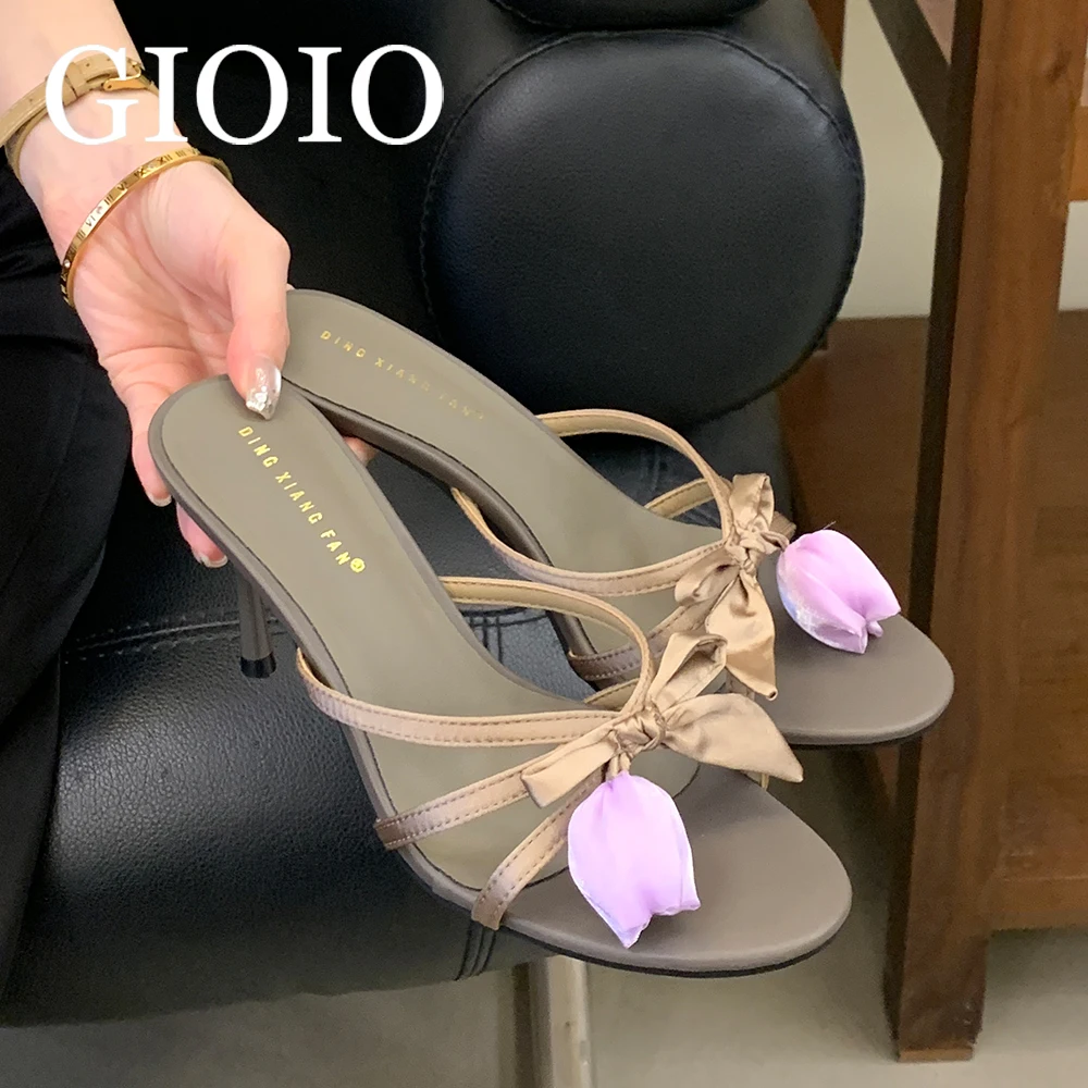 

GIOIO Fashion Open Toe Silk Women Sandals Thin Heels Shoes New 2026 Female Pumps Slides Flower Ladies Heeled Sandals Shoes
