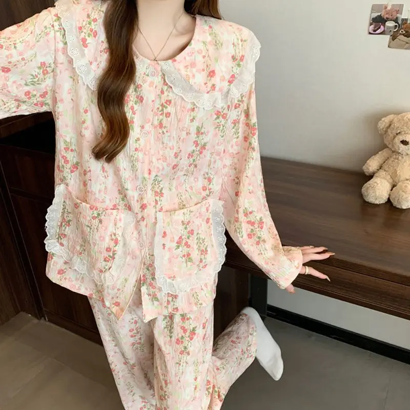 Pijamas de mujer con estampado de flores de estilo clásico chino, ropa de casa romántica y elegante de algodón con nube dulce, ropa de dormir para primavera y otoño 2025