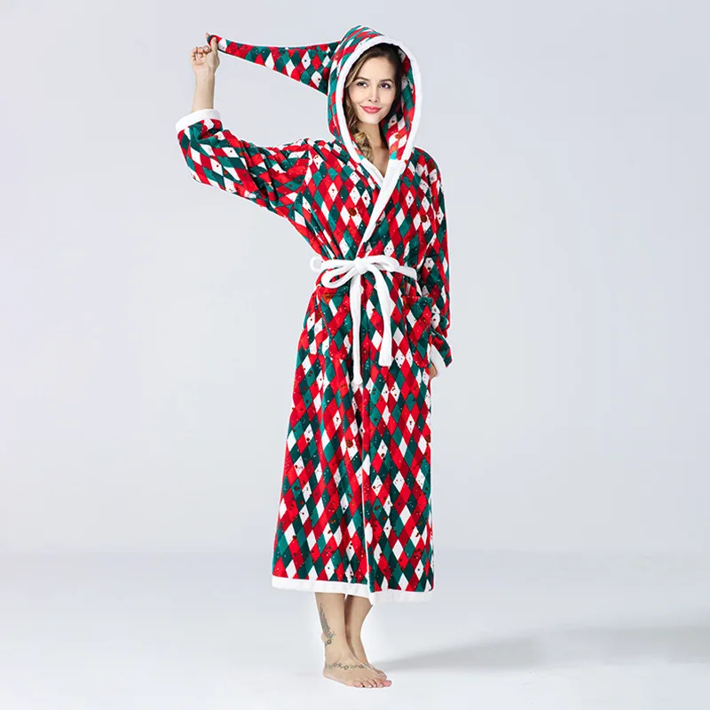 New Arrival Christmas Checkered Bathrobe Wizard Hat Hooded Color Block Lace Up Flannel Nightgown Lingerie Women Pajama Pajamas