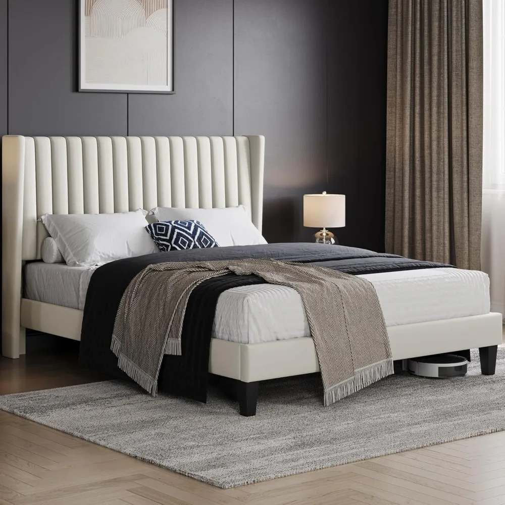 Queen Bed Frame Upholstered Platform Bed with Fabric Headboard, Wing Edge Design/Non-Slip and Noise-Free/Wooden Slats Support