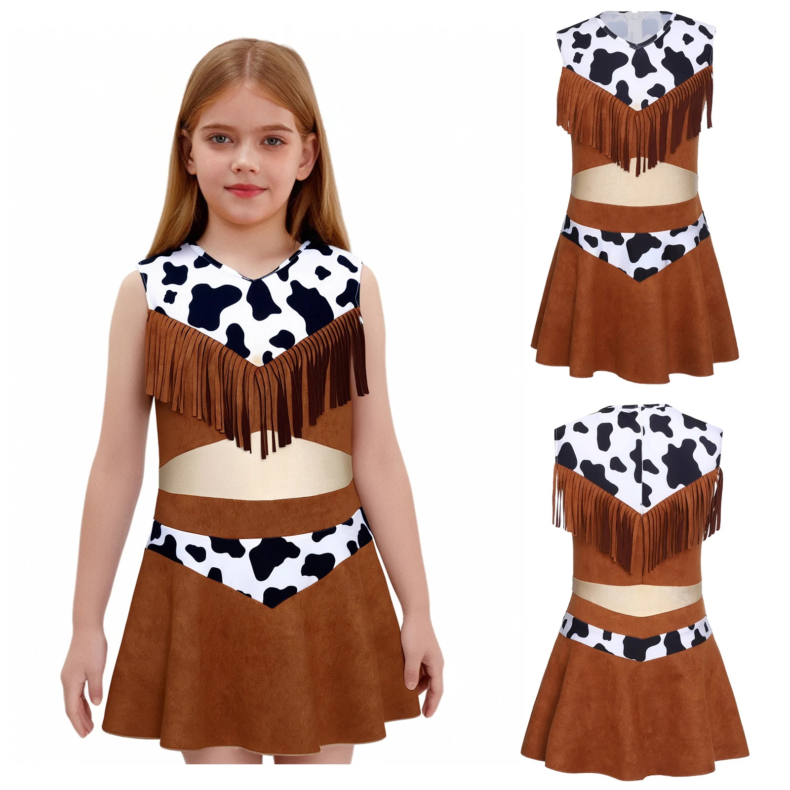 

Halloween Carnival Hippie Folkloric Cowgirl Cosplay Dress Kids Girl Vintage Sleeveless Tassels Around Chest A-Line Cowgirl Dress