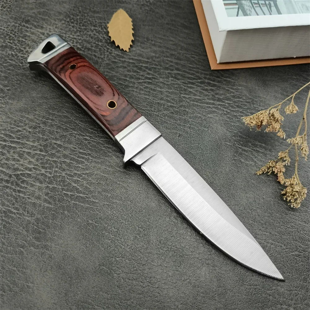 Outdoor Hunter Straight Knife K90 Fixed Blade 5Cr13Mov, Colorful Wooden Handle Tactical Military Knife EDC Camping Survival Tool