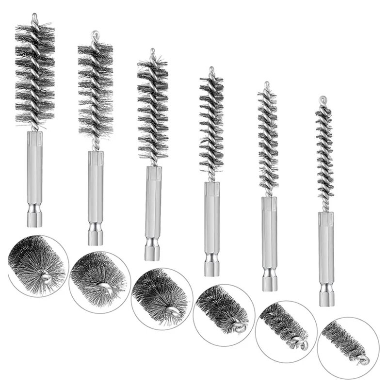 6 Stainless Steel Bore Brush Set Stainless Steel Cleaning Brushes Drill Brushes Impact Drill Brushes 1/4 in. Hex Handle