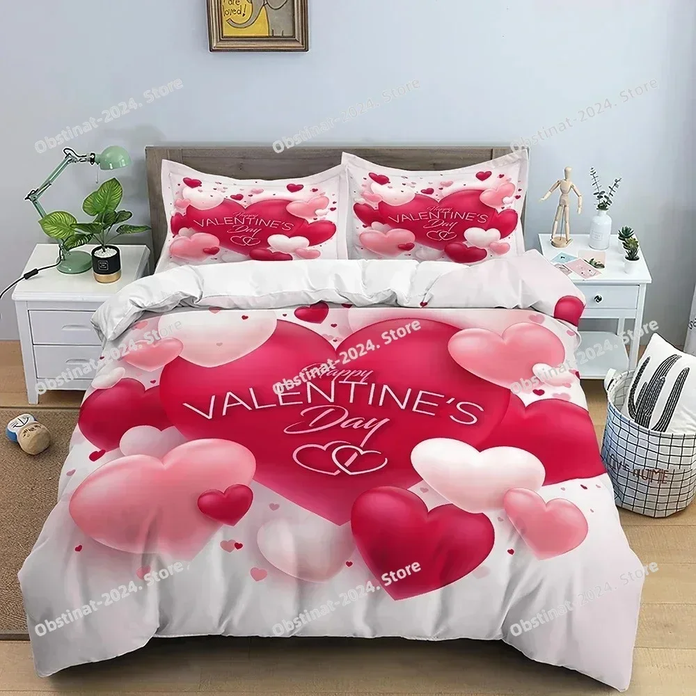 3D Love Heart King Queen Duvet Cover Valentines Gift Bedding Set for Girls Women Couples Soft Polyester Quilt Cover Home Textile