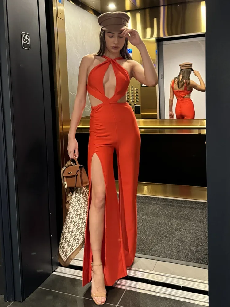 Women Fashion Sexy Sleeveless Cut Out Red Bodycon Bandage Jumpsuit 2024 Celebrity Designer High Street Evening Party Rompers ﻿