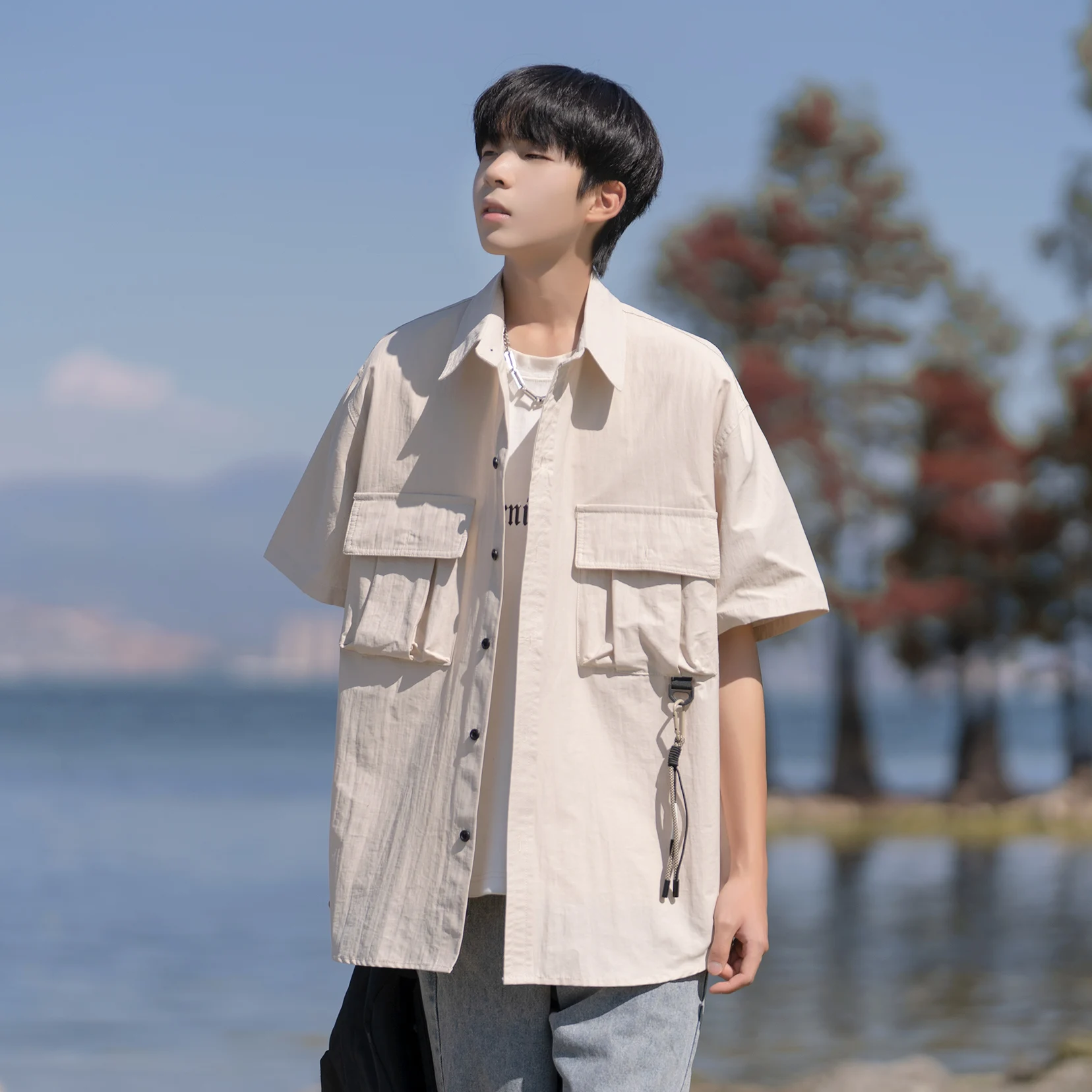 

Ретро-японская мужская летняя тонкая рабочая куртка-рубашка с коротким рукавом, повседневная, свободного кроя, для подростков