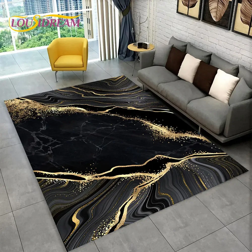 Nordic Blue Golden Colour Marble Geometric Area Rug,Carpet Rug for Living Room Bedroom Sofa Doormat Decor,Kid Non-slip Floor Mat