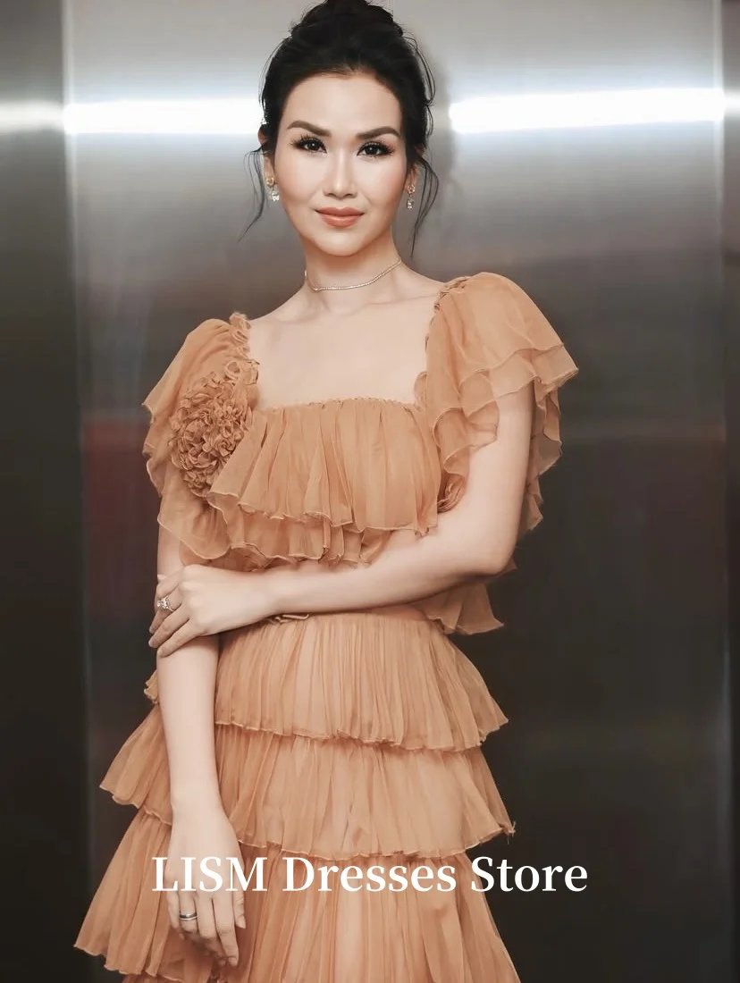 LISM-vestidos de Noche acampanados con cuello cuadrado, vestidos largos elegantes de tul de seda para graduación, bata de noche personalizada de manga corta