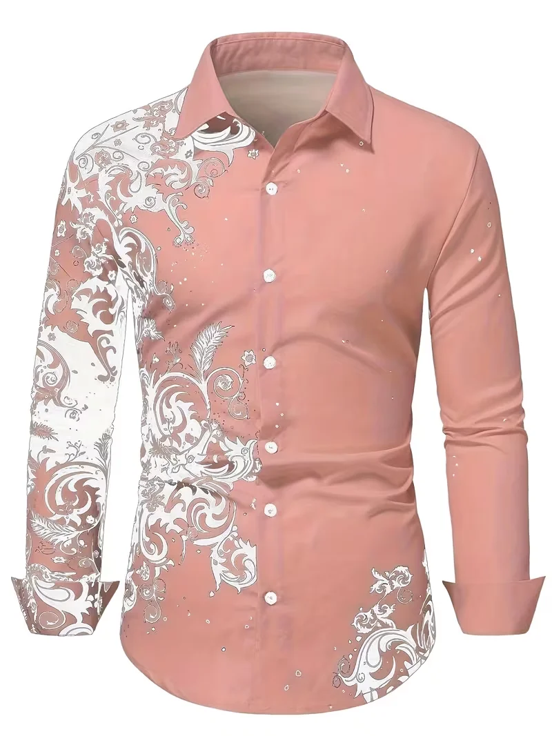 New Men's White Rose Pattern 3D Printed Shirt Spliced With High-Quality Casual Long Sleeved Shirt Collar Top