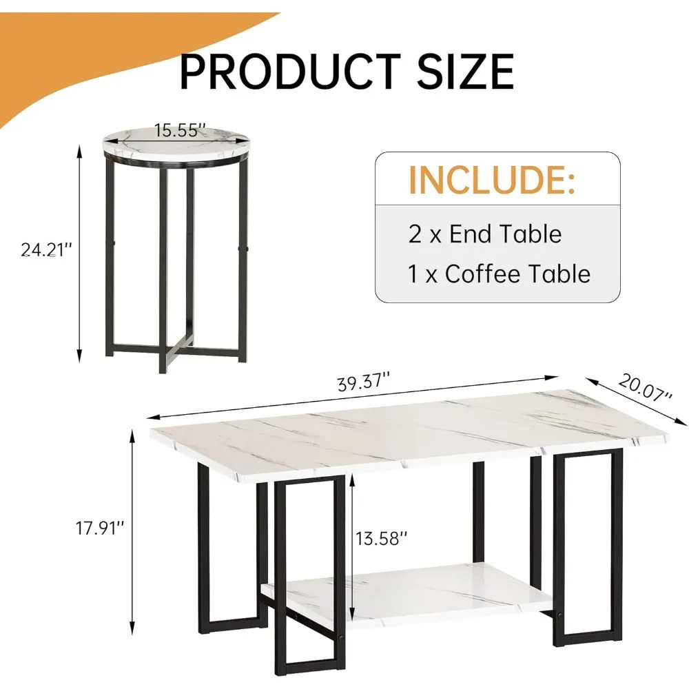 Faux Marble Living Room Table Set with 3 Pieces: Coffee Table and 2 Side Tables, Metal Frame Accent
