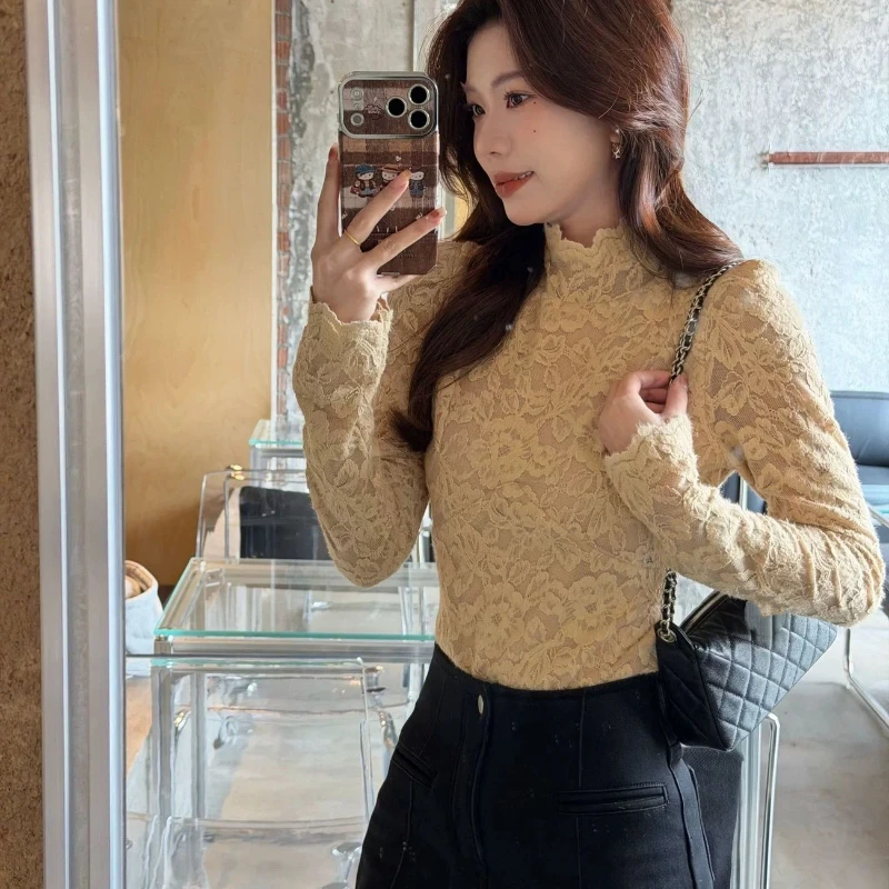 Women French Style High Neck Lace Top Long Sleeve Fleece Lined Warm Floral Lace Casual Fall Winter Inner Blouse
