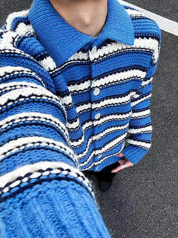 

Вязаное пальто больших размеров в винтажном стиле с сине-белыми полосками, весна-осень, с открытым передом, в американском повседневном стиле