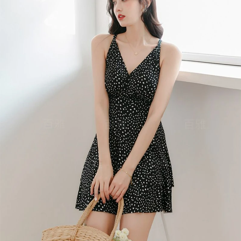 Women Summer Elegant Polka Dot Print Beach Dress Sexy V Neck Backless One Piece Swimsuit High Waist Slim Conservative Swimwear