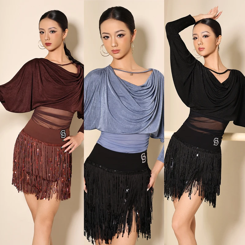 2025 新しいチャチャラテンダンスパフォーマンス衣装女性サンバ社交ダンススーツスイングカラーラテントップタッセルスカート DW10977