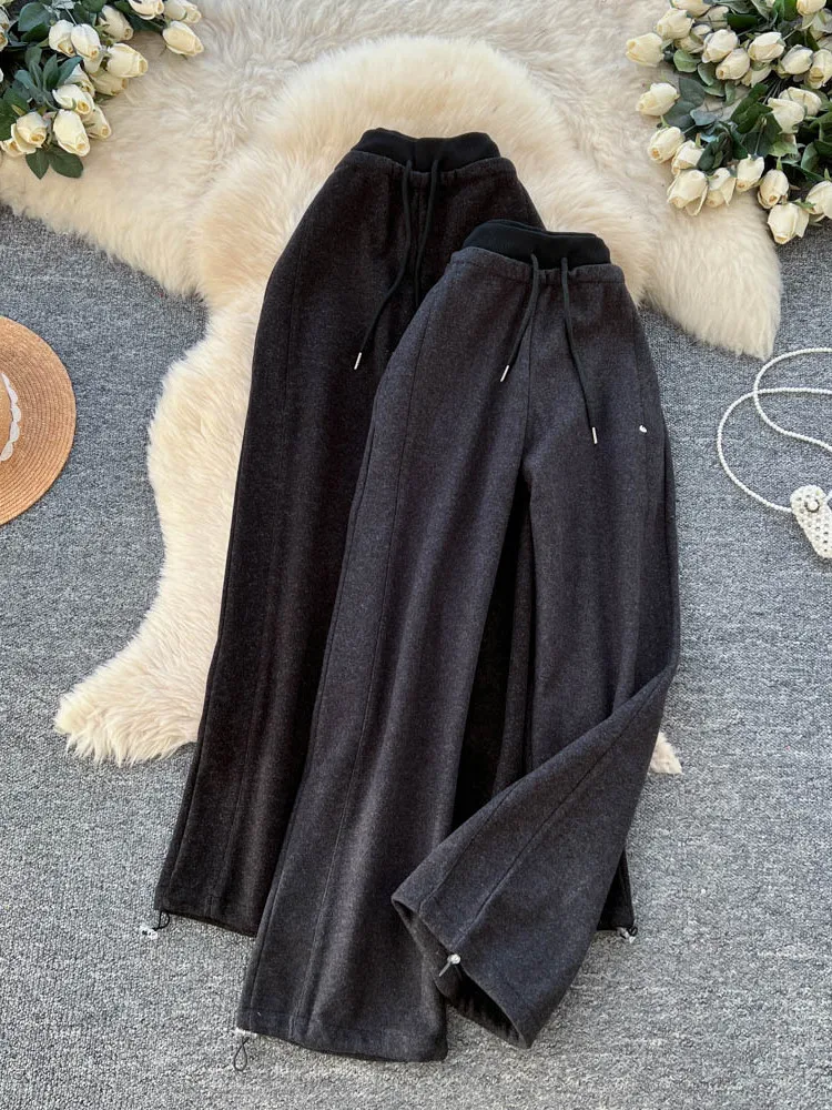 Damskie spodnie z wysokim stanem, prostymi nogawkami, paskiem, na jesień i zimę, do pracy, luźne, z elastyczną talią, wyszczuplające, z szerokimi nogawkami, wełniane.