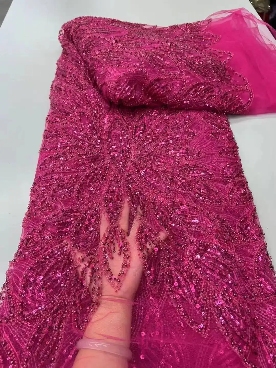 

French Mesh Bridal Lace Fabric Beads African Sequins Lace wine Hot Sale Nigerian Beads For Women Wedding Dress Sew