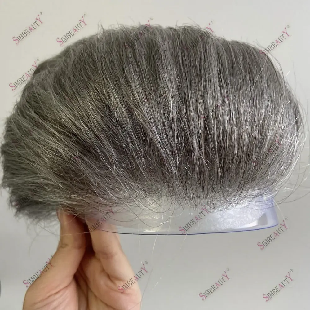 Natural Hairline Men's Toupee Human Hair V-loop 0.06mm PU Base Replacement System Grey Blonde Hair for Men Capillary Prosthesis