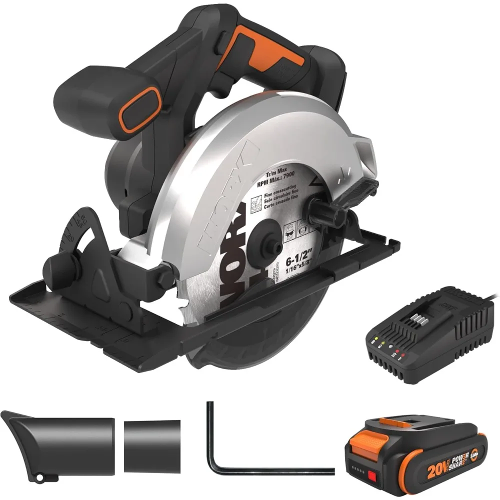 워크스 20V 무선 원형 톱, 6.5인치 절단 깊이 및 4700 RPM, 2.0Ah 배터리 포함