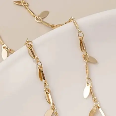 14K Gold-Plated Handcrafted Ankle Chain Bracelet with Water Drop Leaves And Tassel Ear Pendant Loose Chain DIY Jewelry