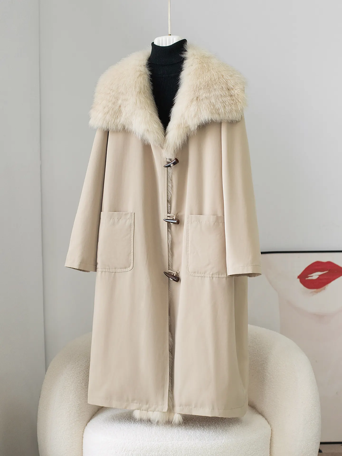 Khaki 2025 Winter new fox fur collar fur coat, women's goose down inner down jacket, mid-length Parquet overcoat