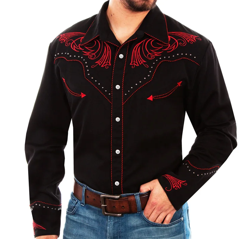 Western Denim Long Sleeve Shirt Ethnic Tribal Style Party Outdoor Casual Luxury Men's Designer Design Soft And Comfortable 2027