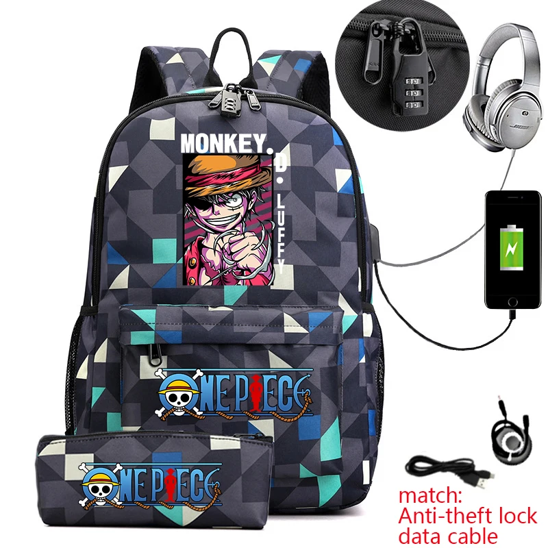 Mochila Escolar Casual Antirrobo con Estampado de Anime de One Piece Luffy, con Estuche para Lápices, para Niños y Niñas
