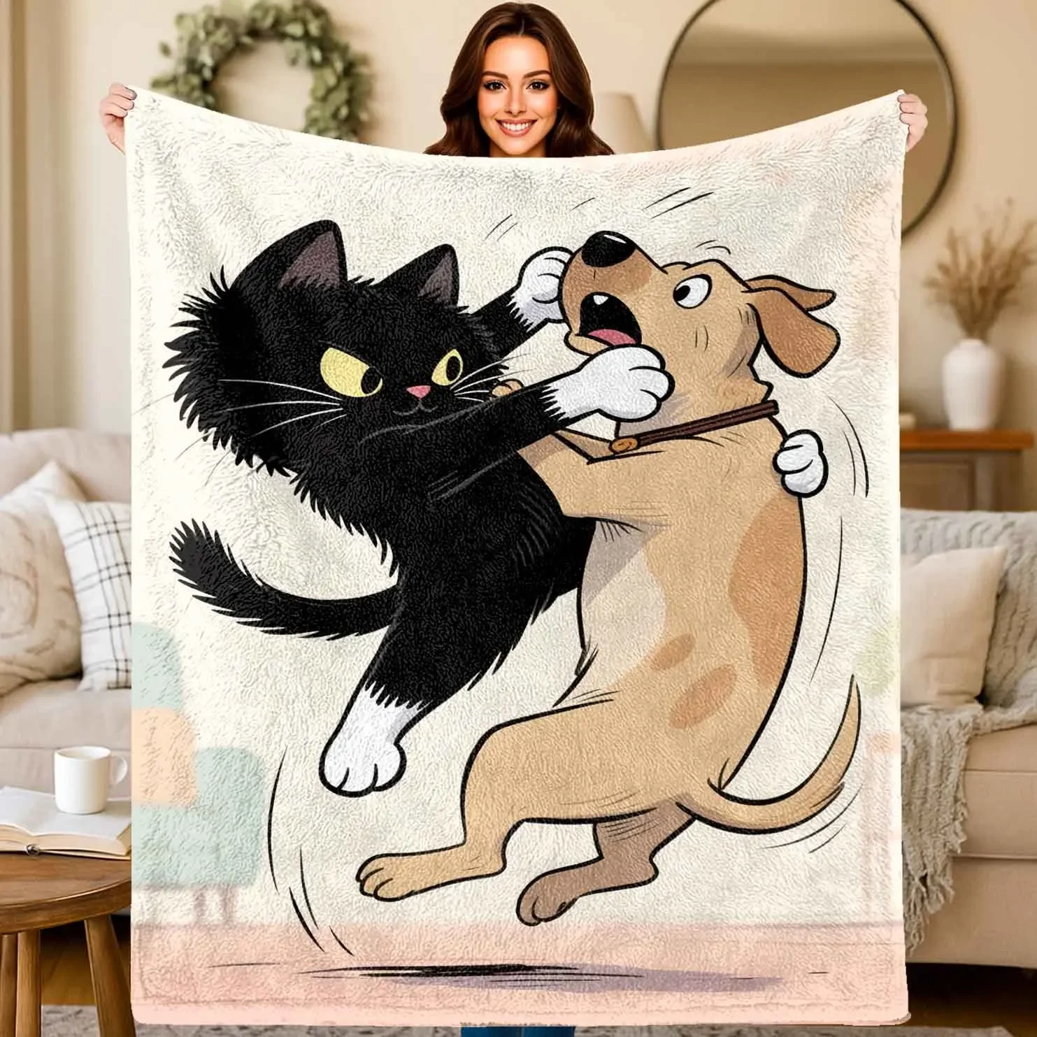 Large Cat Dog Illustration Blanket Throw 150x230cm Fun Pet Friendship Art Giant Cozy Fleece Decor Wrap
