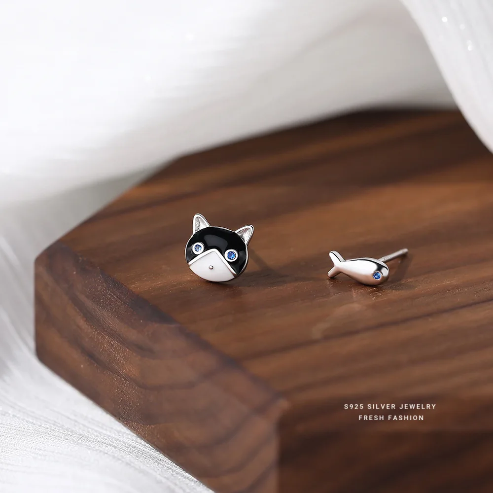 Beautiful Fresh Fashion Jewelry 925 Sterling Silver Cute Blue Crystal Eyes Fish And Cat Asymmetric Sweet Stud Earrings  E273