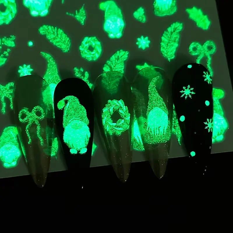 ثلاثية الأبعاد مضيئة عيد الميلاد مسمار الفن ملصقات اكاليل قزم الانحناء الزهور الخضراء يترك توهج في الظلام ذاتية اللصق عيد الميلاد مسمار الشارات #5