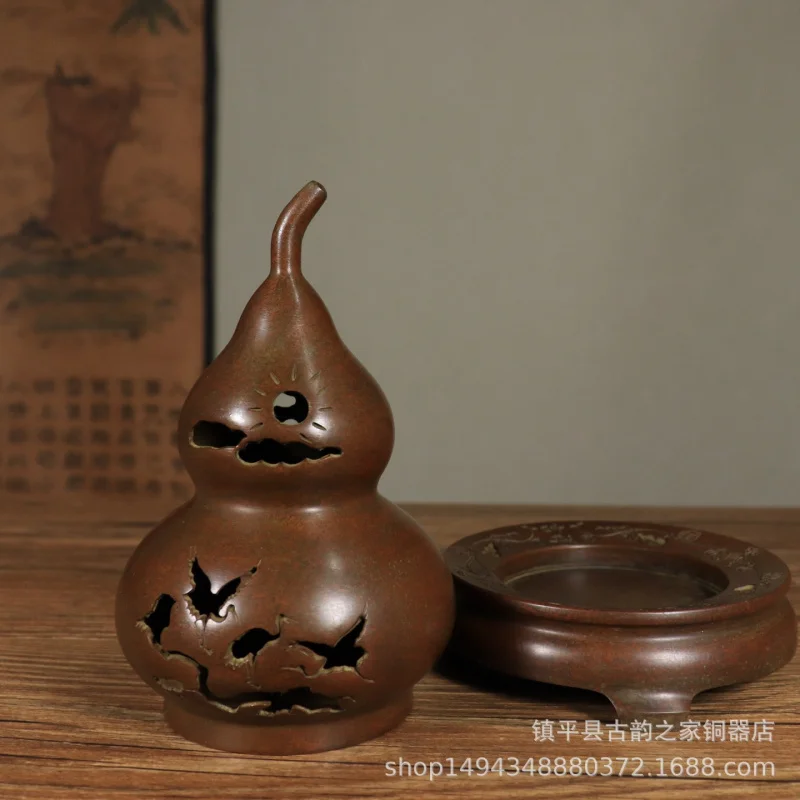 Pure Copper Hollow Crane Cloud Gourd Furnace Office Creative Incense Burner Storage Chinese Style Home Decor Ornament
