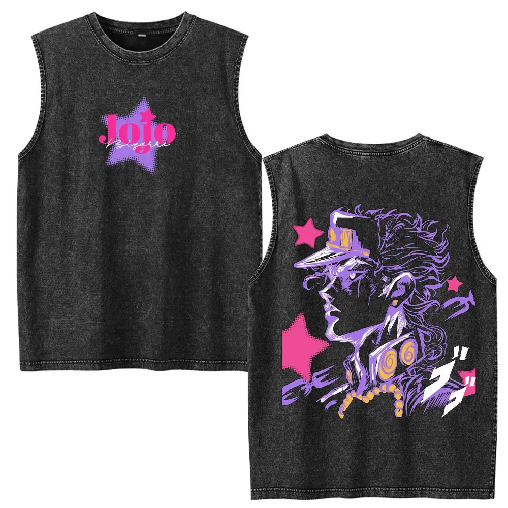 Anime JoJo Bizarre Adventure Kujo Jotaro Vintage Washed Tank Tops Men Women Clothing Cotton Sleeveless Vest T-shirts Streetwear