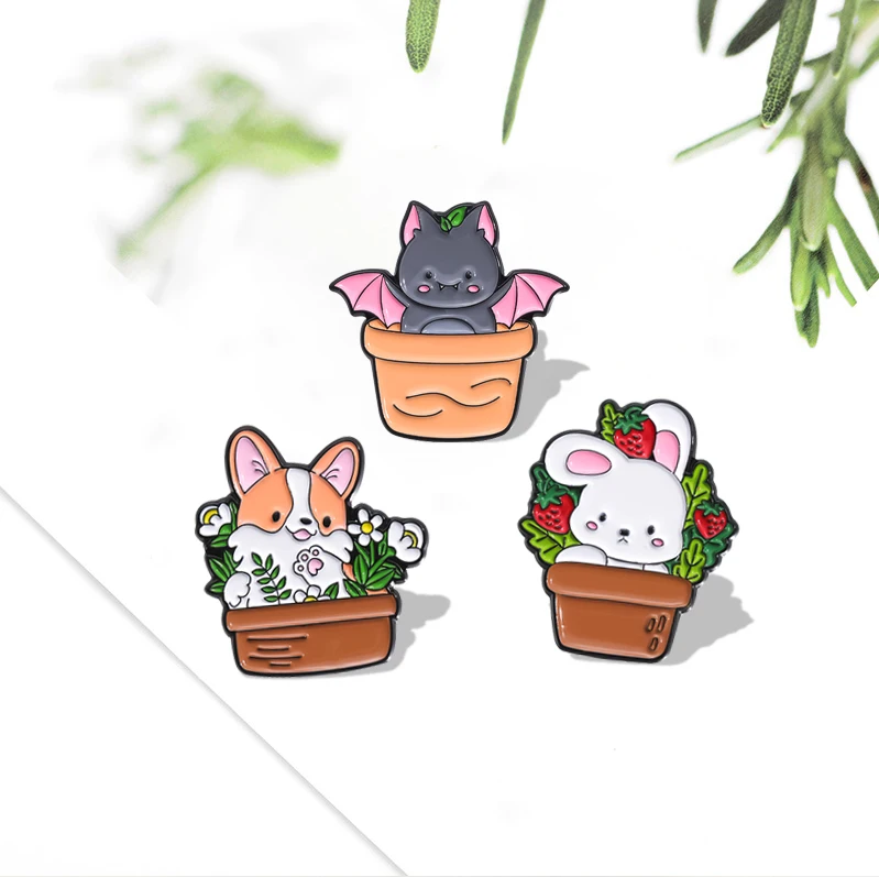 Cute Potted Animals Enamel Pins Custom Bat Cat Rabbit Frog Dog Brooches Lapel Badges Animal Jewelry Gift for Kids Friends