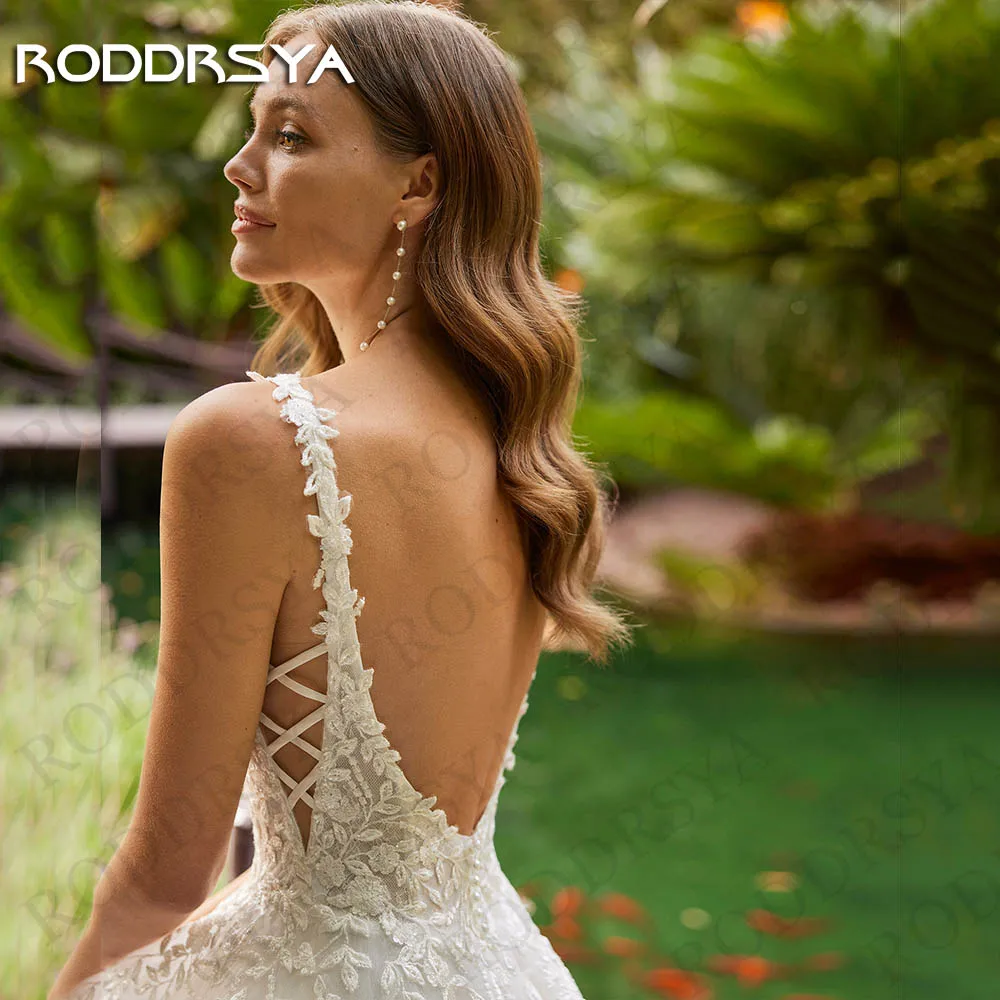 RODDRSYA Charming A Line Wedding Dresses For Bride V Neck Beach Spaghetti Straps Lace Backless Tulle Bridal Gown abito da sposa