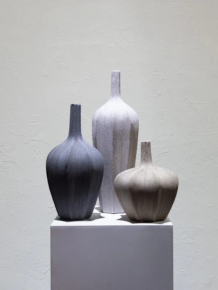 Brushed Pattern Thin Mouth Bottle Wabi-sabi Style Ceramic Vase Ornament Model Room Living Room Bedroom Desktop TV Cabinet