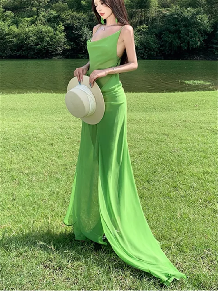 バックレスサマーグリーンメッシュフェアリーホリデーイレギュラーロングドレスノースリーブスイングカラーバケーションビーチフォトメッシュキャミソールドレス