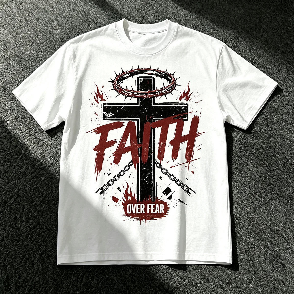 Faith Over Fear T‑Shirt Crown Of Thorns Cross Grunge Splatter Christian Faith Graphic Religious Streetwear Unisex Cotton Short Sleeve Tops for Men Women