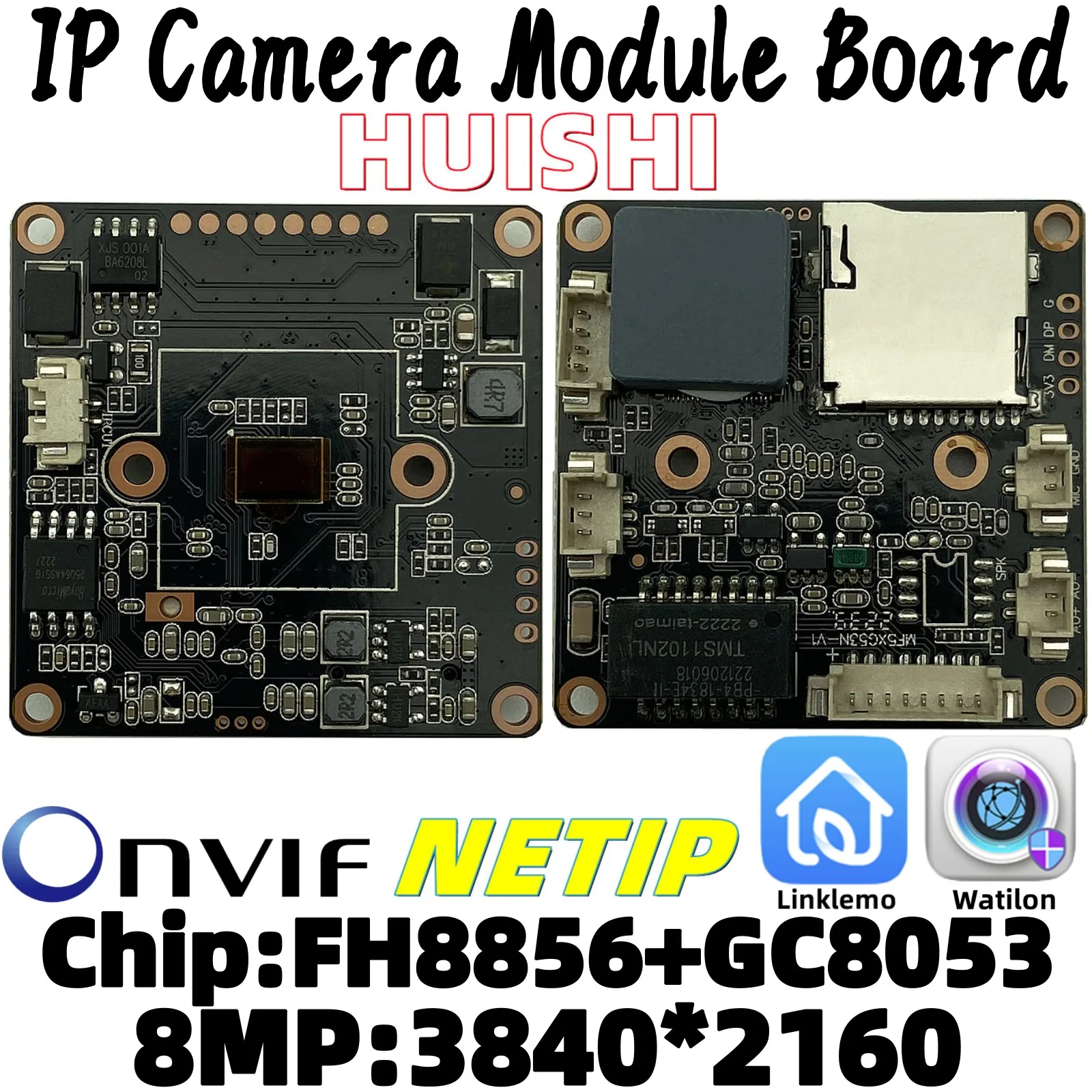 4K 8MP 3840*2160 FH8856+GC8053 IP Camera Module Board H.265 ONVIF NETIP Human Motion Detection P2P Cloud Support SDCard Raidator