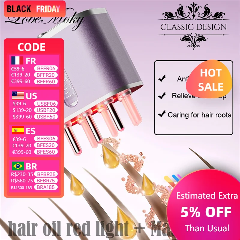 

Lobemoky Electric Hair Oil Applicator Scalp Massage 2 in 1 Hair Oil Red Light Therapy Massage Comb for Hair Treatment Growth