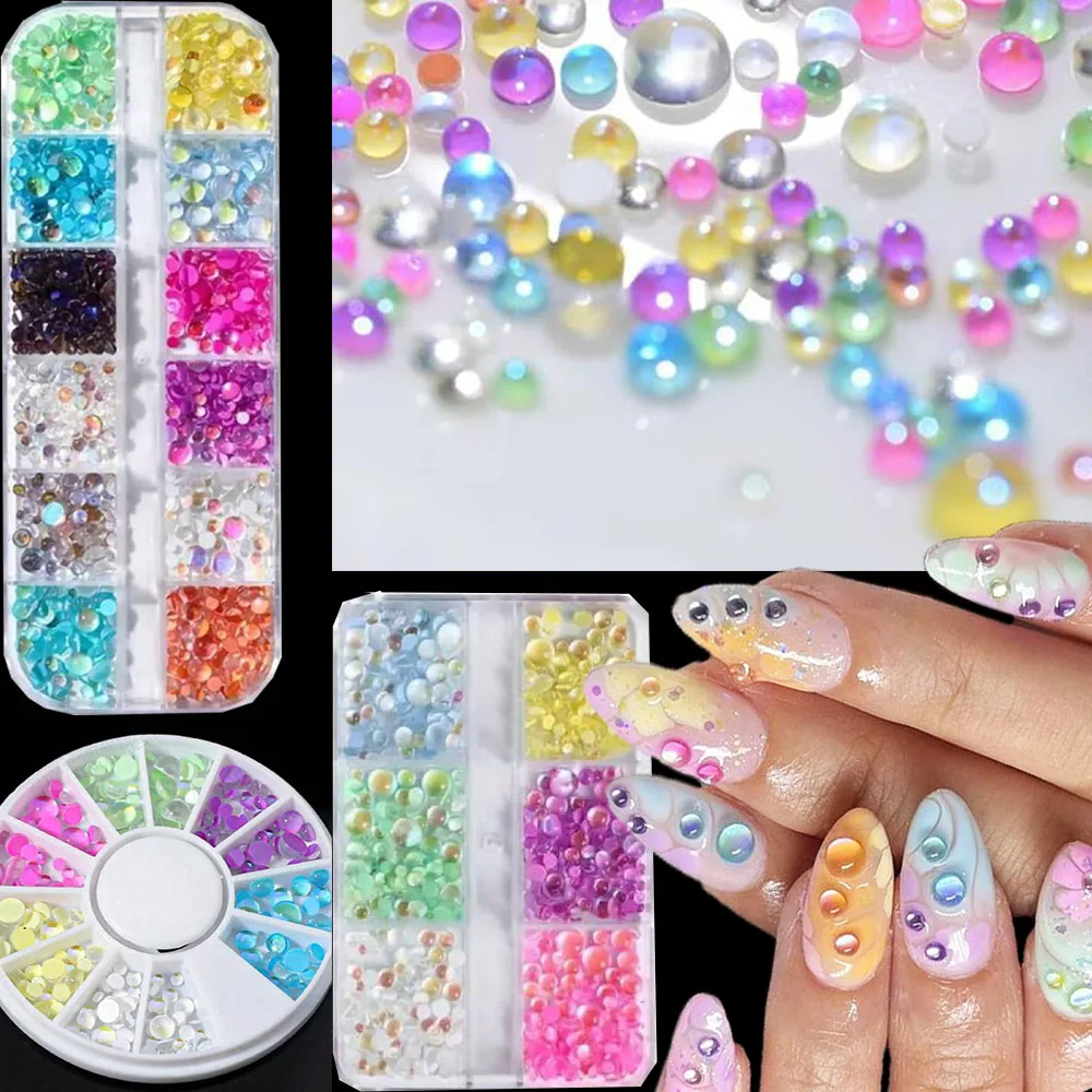 6/12 Gitter 3D Meerjungfrau Halbperlen Nagelkunst Strasssteine Macaron Glitzer Glasperlen/Kaviare Nagelcharms DIY Aurora Nagelperlen