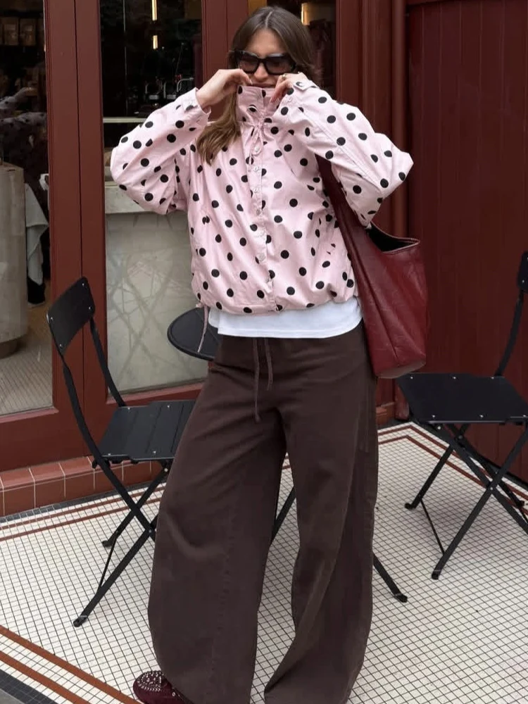 HH 2026 Frühling Damenmode Rosa Gepunktete Jacke Damen Langarm Einreihiger Hochkragen Kurzer Mantel High-Street-Jacke