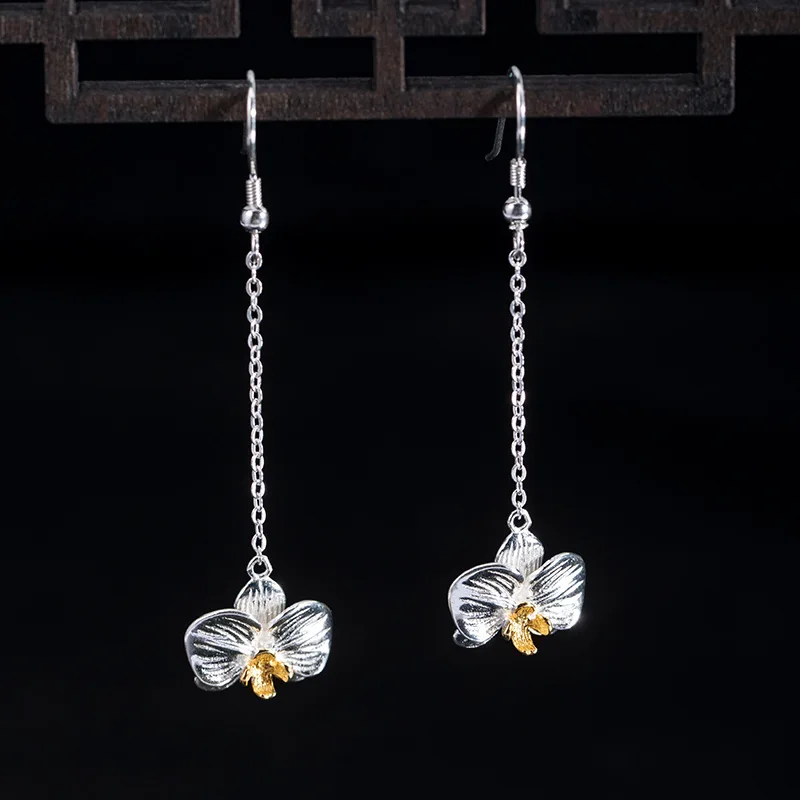 

Модные минималистичные серьги с золотым бутоном цветка, ювелирные изделия из серебра S925 ручной работы, универсальные длинные крючки для ушей Фаленопсис