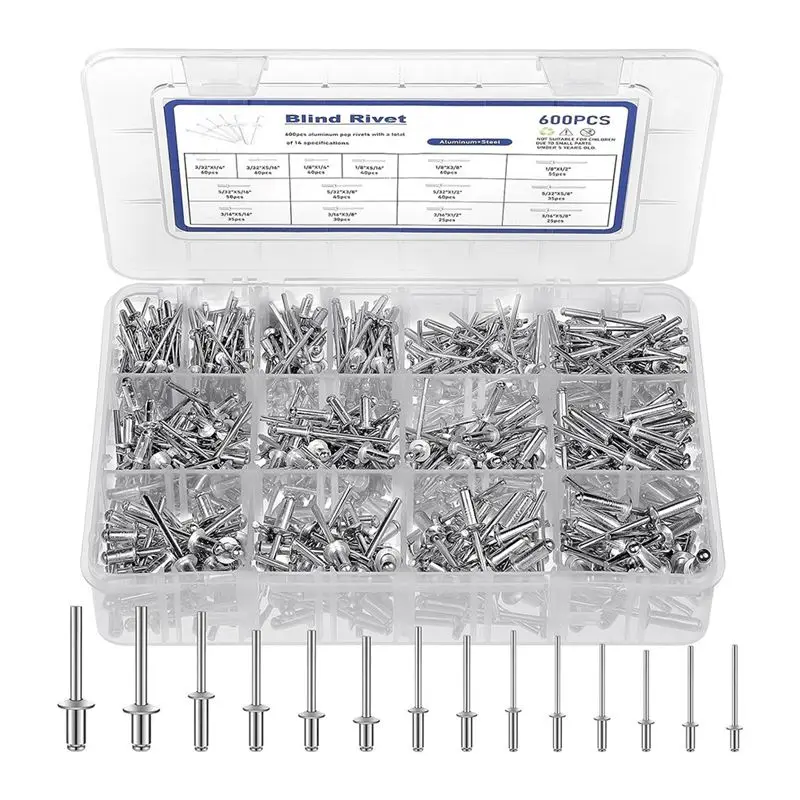 600 Pcs 14 Size Rivets Assortment Accessories Aluminum Rivets (3/32 Inch 1/8 Inch 5/32 Inch 3/16 Inch),Assorted Blind Rivets