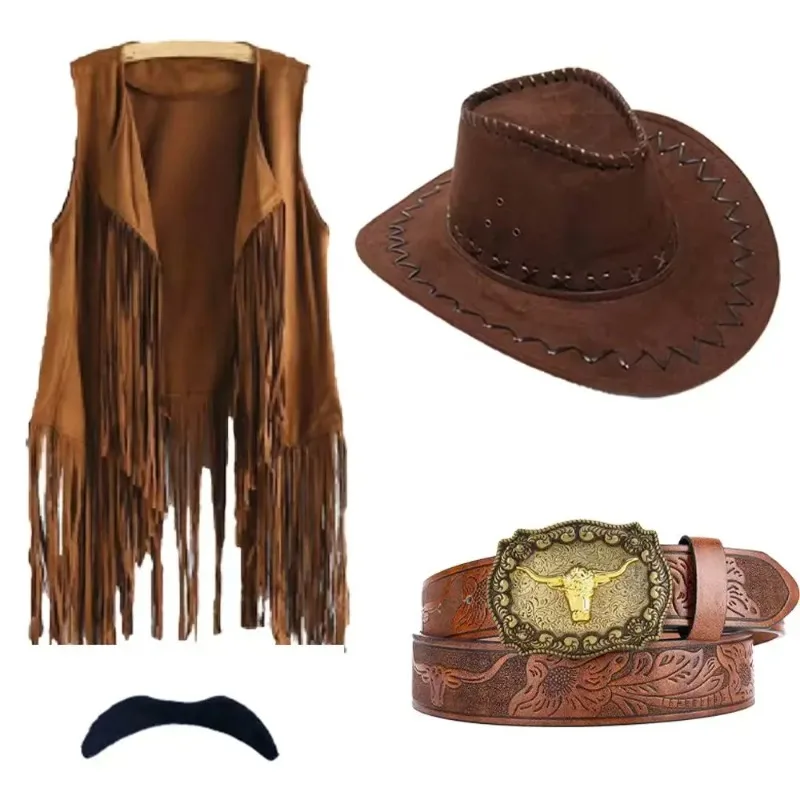 Disfraces de estilo vaquero del oeste, chaleco con borlas, cinturón, sombrero de vaquero, bigote falso. Adecuado para Carnaval, Halloween, fiestas, ropa de club.