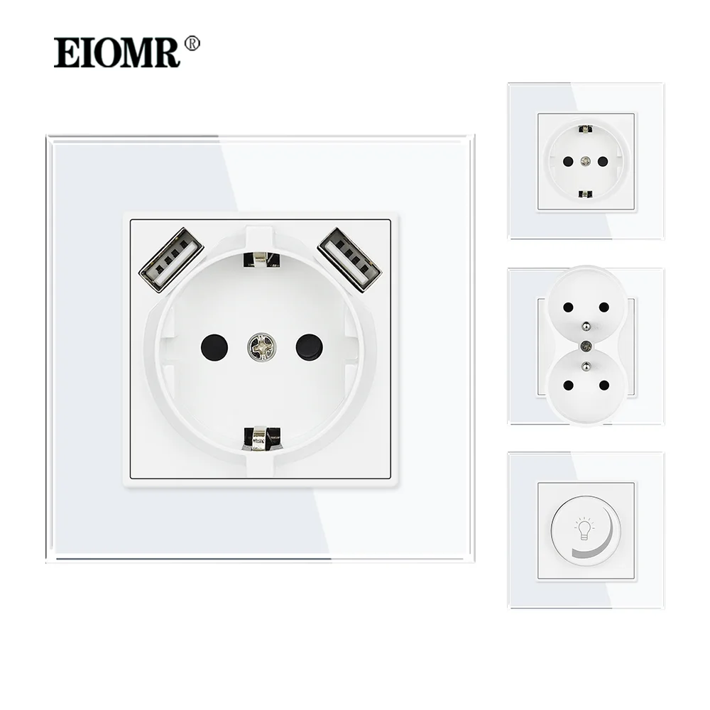 EIOMR GA1 Series White Crystal Glass Panel,Light Switch EU French Wall Socket Usb Charging,TV RJ45 Socket Suitable for Round Box