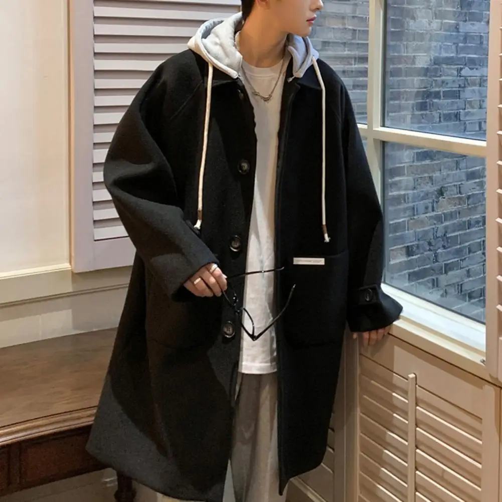 Men Woolen Coat Hooded Drawstring Long Sleeve Single Breasted Jacket Coat with Large Pockets Long Windbreaker